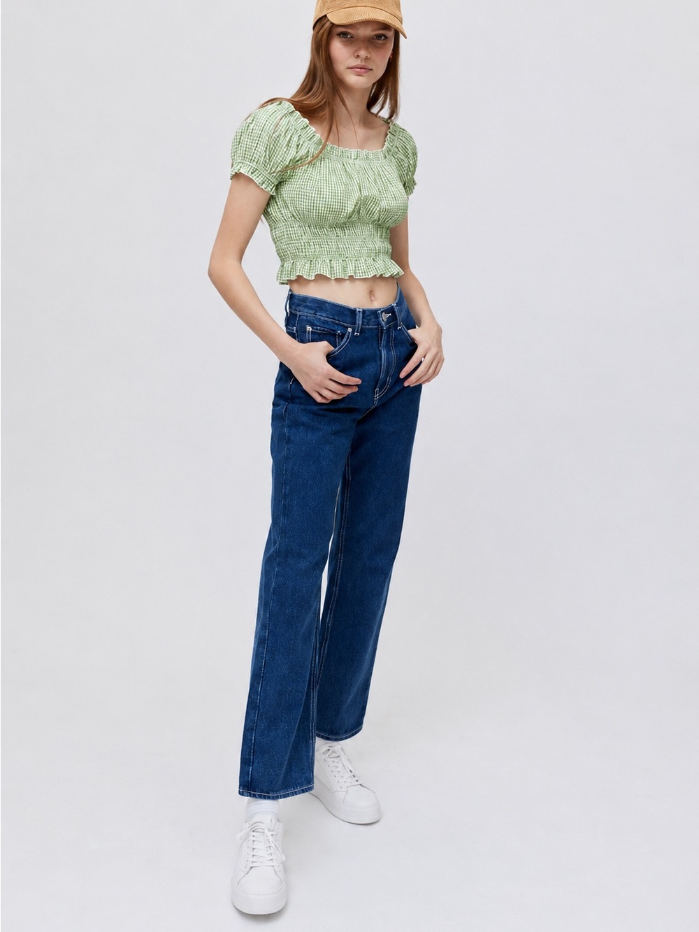 Lisa Says‎ Gah Marta Smocked Green & White Gingham Crop Top Large Festival - Picture 4 of 11